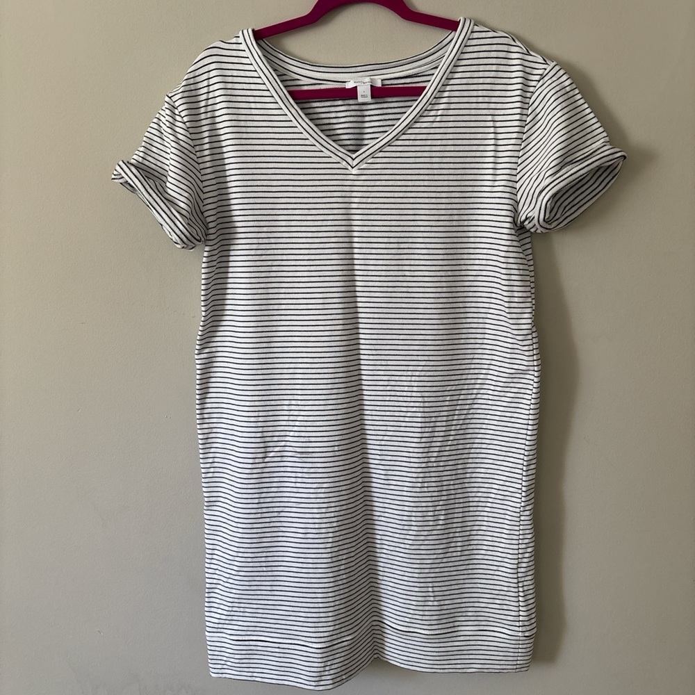 Daily Ritual Women’s White and Navy Striped T-Shirt Dress Size Large